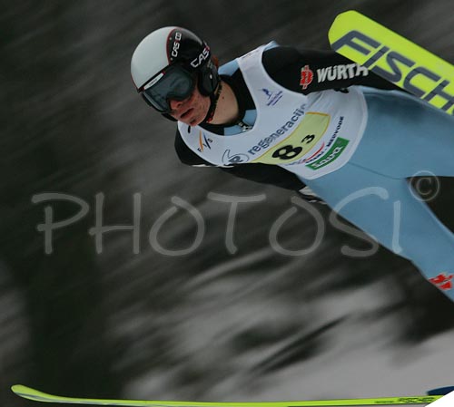 Oliver Alberer of Germany soars through the air during Junior ski jumping team race of FIS Nordic Junior Ski World Championships. Race was won by Austria, Slovenia placed second, while Japan finished third.
