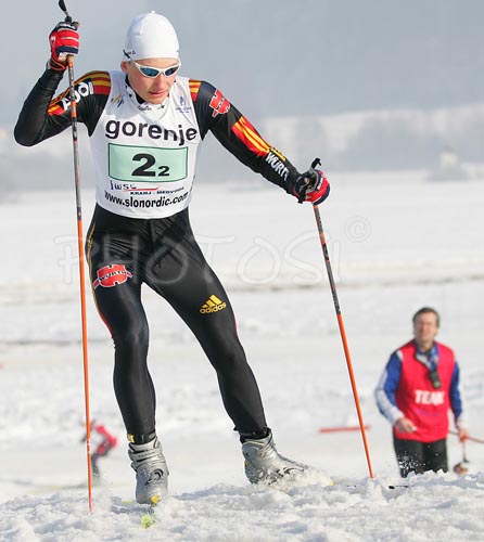 Ruben Welde of Germany skiing during Junior Nordic Combined Ski World Championship Team race. Race was won by Germany, Austria placed second and Norway finished third.
