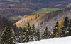 After few days of heavy rain and temperature drop sun came up and revealed snow in the mountains. Krvavec and alpine meadows around Krvavec are covered with snow, while lower laying areas around Kranj, Slovenia, are still in autumn colours.
