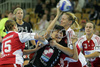 Liudmila Bodnieva (no.14) of Krim (M) trying to score between Ania Rosler (no.15) of 1.FC Nurnberg (L) and Miriam Simakova (no.14) of 1.FC Nurnberg (R) during match of 2nd round of EHF Women Handball Champions League between RK Krim, Ljubljana, Slovenia and 1.FC Nurnberg, Germany. Match ended with victory of 1.FC Nurnberg, who defeated RK Krim with 30:31. Match between RK Krim and 1.FC Nurnberg was played in Tivoli Arena in Ljubljana, Slovenia on 3. November 2007.
