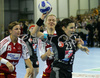 Anja Argenti (no.23) of Krim (R) shooting on goal next to Ania Rosler (no.15) of 1.FC Nurnberg (L) and Miriam Simakova (no.14) of 1.FC Nurnberg (M) during match of 2nd round of EHF Women Handball Champions League between RK Krim, Ljubljana, Slovenia and 1.FC Nurnberg, Germany. Match ended with victory of 1.FC Nurnberg, who defeated RK Krim with 30:31. Match between RK Krim and 1.FC Nurnberg was played in Tivoli Arena in Ljubljana, Slovenia on 3. November 2007.
