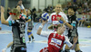 Franziska Beck (no.9) of 1.FC Nurnberg (R) shooting on goal next to Maja Zrnec (no.44) of Krim (L) during match of 2nd round of EHF Women Handball Champions League between RK Krim, Ljubljana, Slovenia and 1.FC Nurnberg, Germany. Match ended with victory of 1.FC Nurnberg, who defeated RK Krim with 30:31. Match between RK Krim and 1.FC Nurnberg was played in Tivoli Arena in Ljubljana, Slovenia on 3. November 2007.
