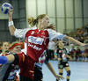 Franziska Beck (no.9) of 1.FC Nurnberg (L( shooting on goal while Maja Zrnec (no.44) of Krim (M) and Liudmila Bodnieva (no.14) of Krim (R) are trying to block her during match of 2nd round of EHF Women Handball Champions League between RK Krim, Ljubljana, Slovenia and 1.FC Nurnberg, Germany. Match ended with victory of 1.FC Nurnberg, who defeated RK Krim with 30:31. Match between RK Krim and 1.FC Nurnberg was played in Tivoli Arena in Ljubljana, Slovenia on 3. November 2007.
