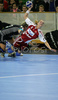 Franziska Beck (no.9) of 1.FC Nurnberg (R) shooting on goal, while Olena Iatsenko (no.6) of Krim (L) is trying to hinder her during match of 2nd round of EHF Women Handball Champions League between RK Krim, Ljubljana, Slovenia and 1.FC Nurnberg, Germany. Match ended with victory of 1.FC Nurnberg, who defeated RK Krim with 30:31. Match between RK Krim and 1.FC Nurnberg was played in Tivoli Arena in Ljubljana, Slovenia on 3. November 2007.
