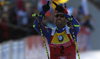 Winner Martin Fourcade of France crossing finish line of the Men pursuit race of IBU Biathlon World Cup in Hochfilzen, Austria. Men sprint race of IBU Biathlon World cup was held on Saturday, 12th of December 2015 in Hochfilzen, Austria.
