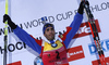 Martin Fourcade of France celebrates his medal won in the Men pursuit race of IBU Biathlon World Cup in Hochfilzen, Austria. Men pursuit race of IBU Biathlon World cup was held on Saturday, 12th of December 2015 in Hochfilzen, Austria.
