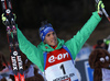 Simon Schempp of Germany celebrates his medal won in the Men pursuit race of IBU Biathlon World Cup in Hochfilzen, Austria. Men pursuit race of IBU Biathlon World cup was held on Saturday, 12th of December 2015 in Hochfilzen, Austria.
