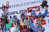 Simon Schempp of Germany (L), winner Martin Fourcade (M) and Anton Shipulin of Russia (R) celebrating their medals won in the Men pursuit race of IBU Biathlon World Cup in Hochfilzen, Austria. Men pursuit race of IBU Biathlon World cup was held on Saturday, 12th of December 2015 in Hochfilzen, Austria.
